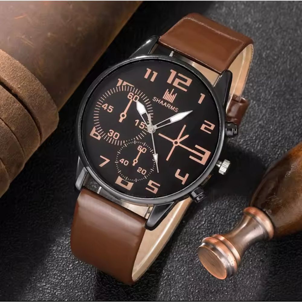 Men's Watch And Bracelet Set Leather beaded layered brown new e87 - Picture 3 of 4